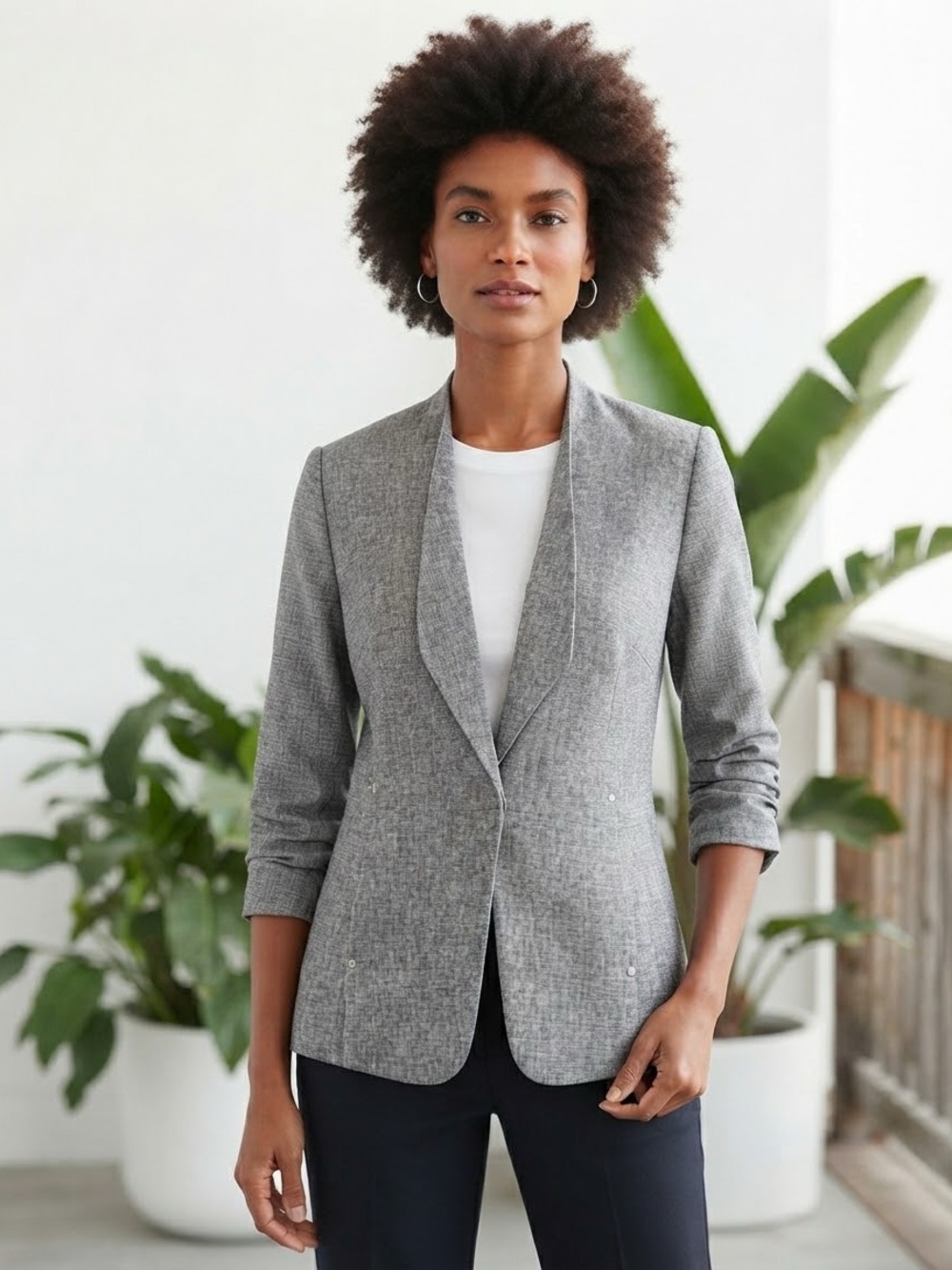 Kate Kasin Textured Gray Ruched 3/4 Sleeve Blazer Shawl Collar Size S